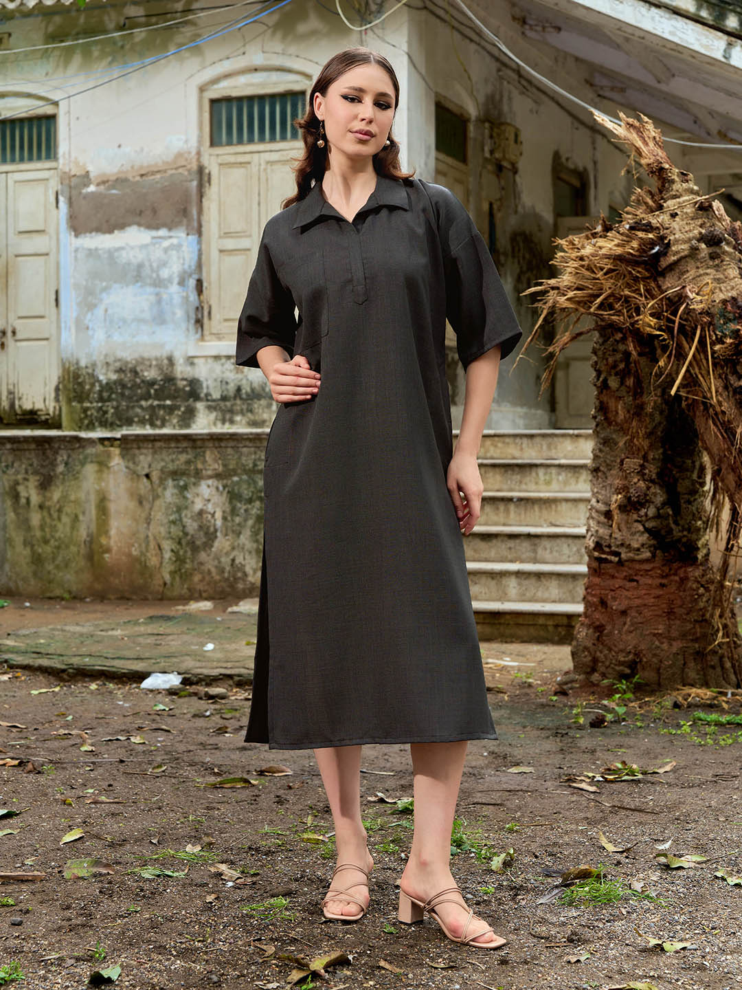 Coco Regular Sleeve Midi Flared Solid Shirt Collar Dress