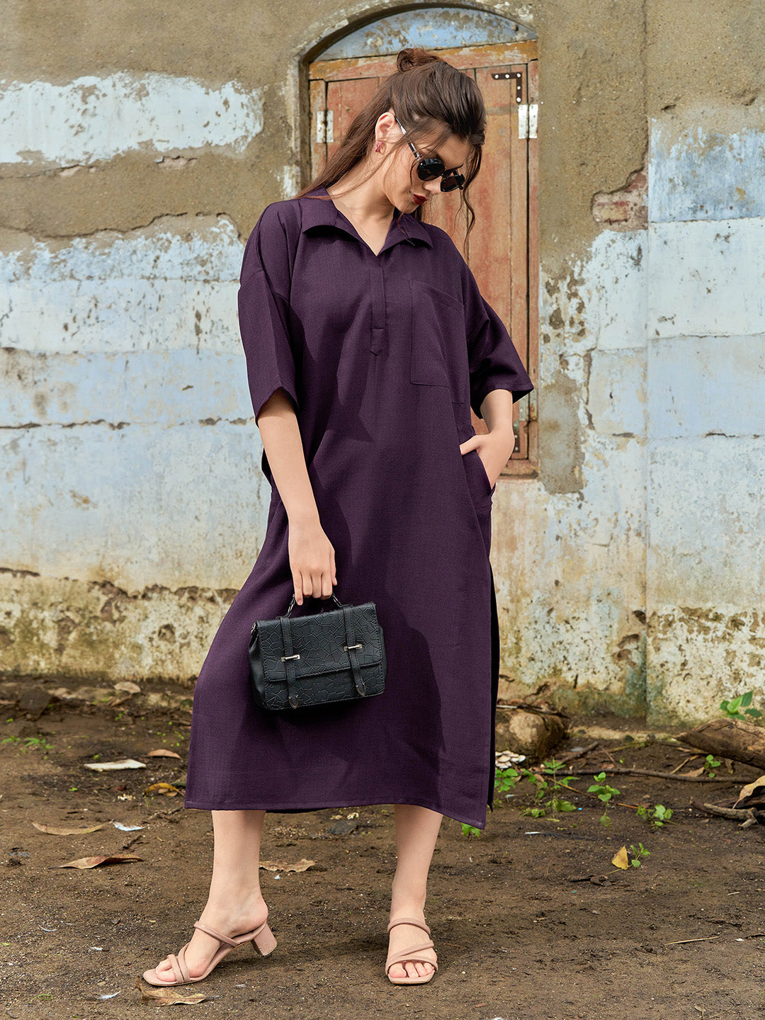 Midi Wine Solid Shirt Collar Regular Sleeve Flared Dress