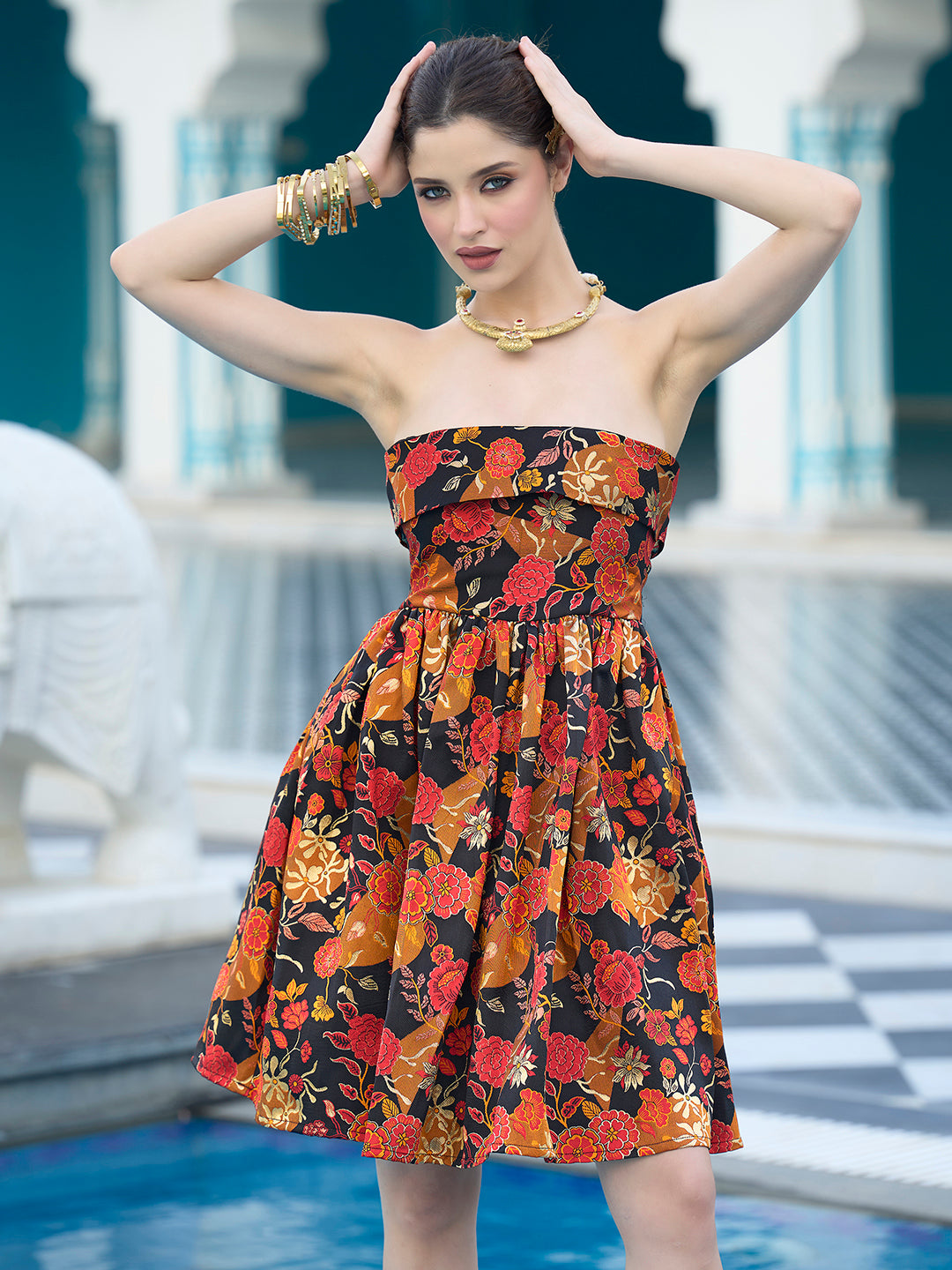 Black Mini Asymmetric Neck Sleeveless Bandeau Embellished Dress