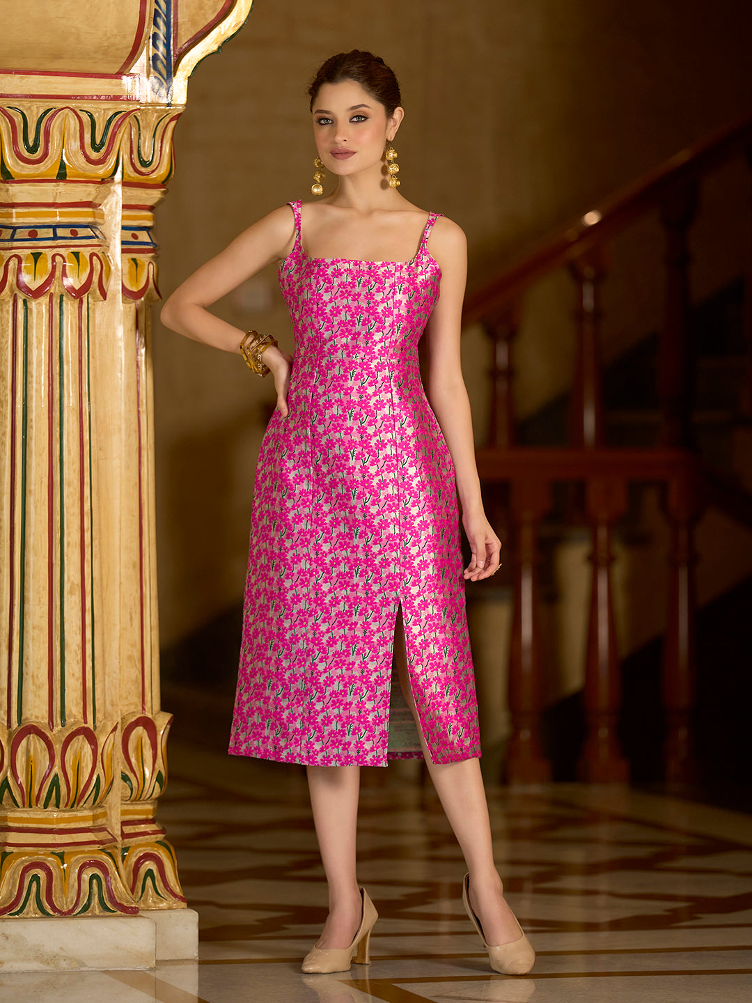 Midi Pink Sleeveless Embellished Bodycon Square Neck Dress
