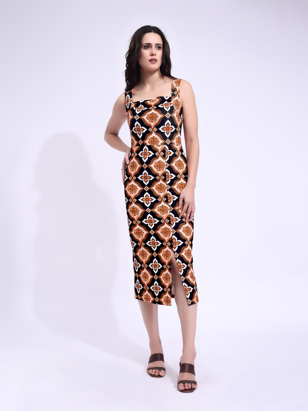 Black Sleeveless Printed Bodycon Midi Square Neck Dress