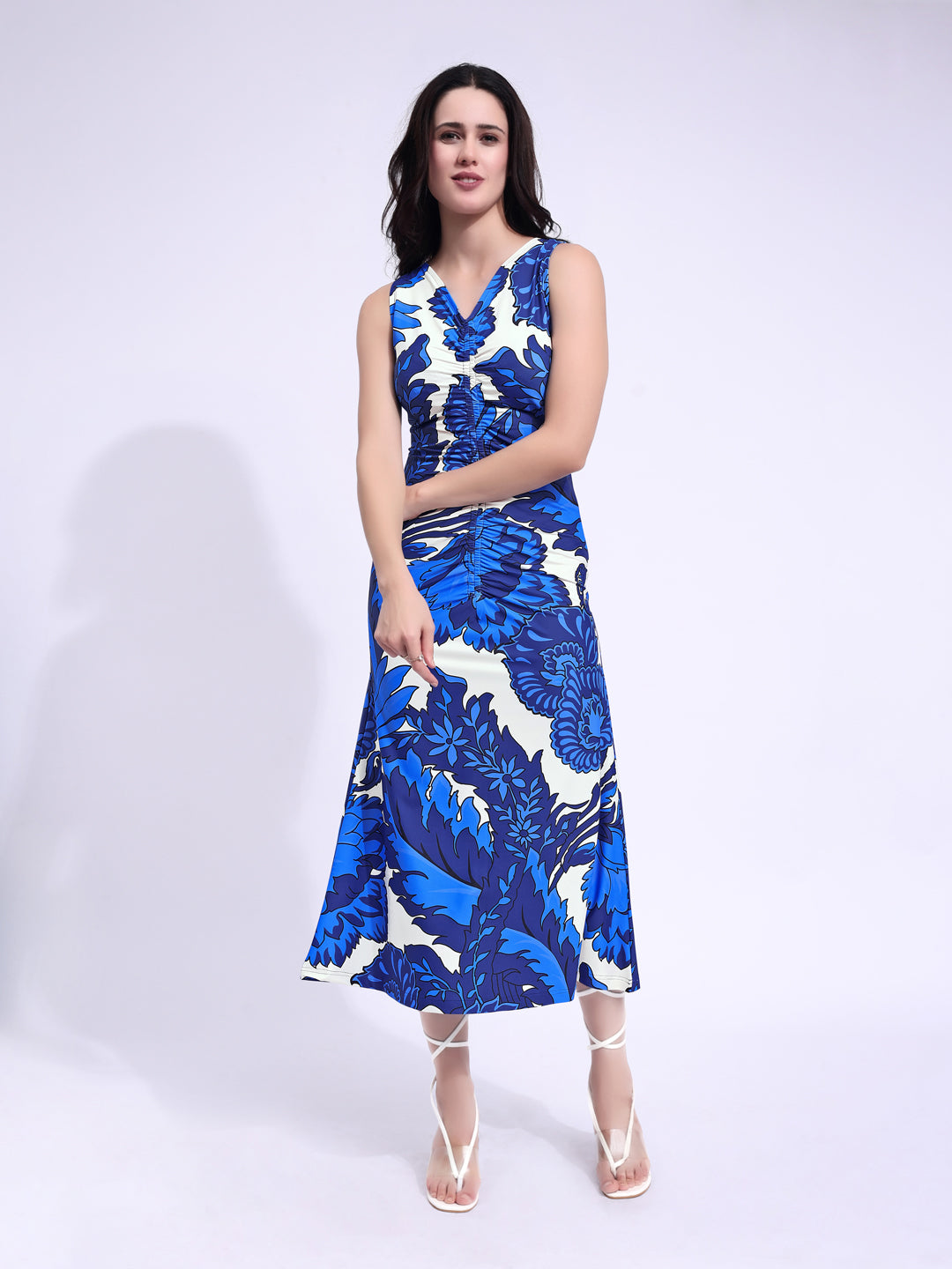 Blue A-Line Printed Maxi Sleeveless V-Neck Dress