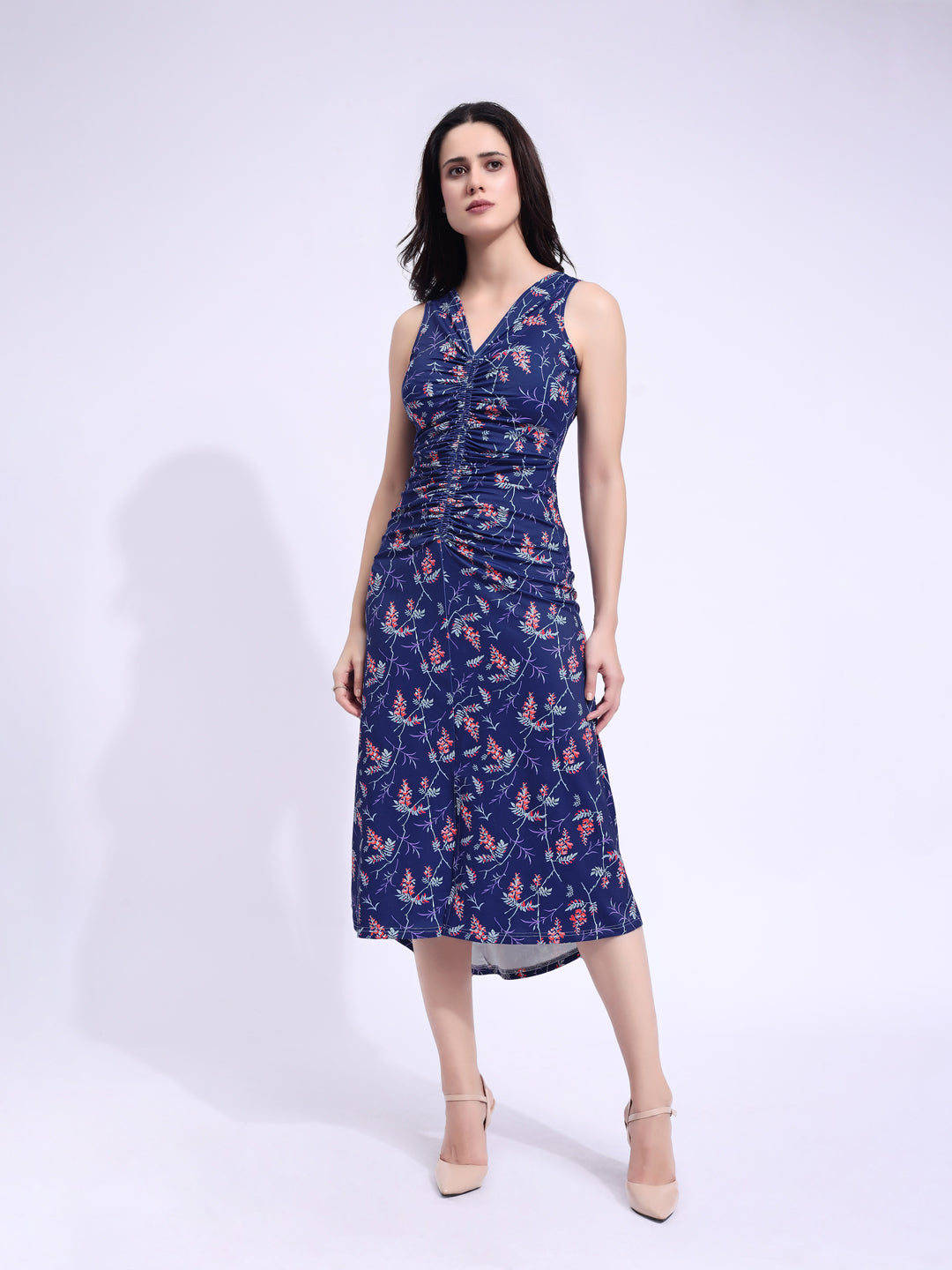 Blue V-Neck Midi A-Line Sleeveless Printed Dress