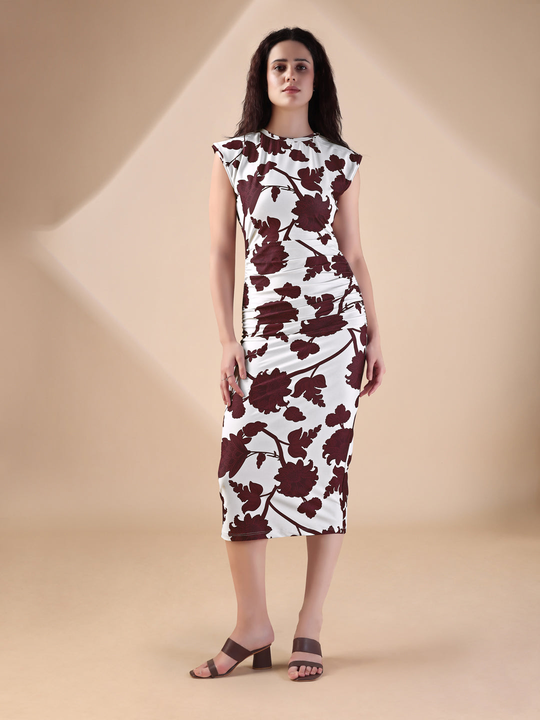 Printed Round Neck Brown Bodycon Sleeveless Midi Dress