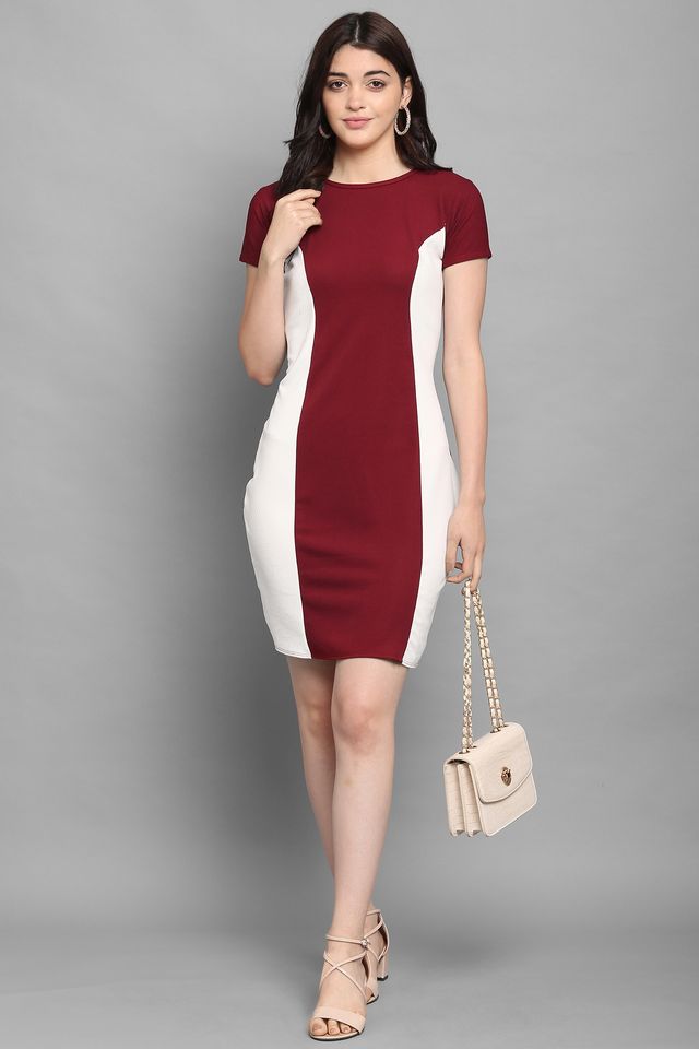 maroon bodycon dress Purvaja Women's White & Maroon Bodycon Dress