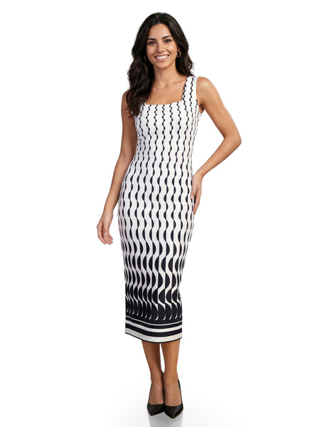 Printed Bodycon Midi Dress with Square Neck & Sleeveless Style