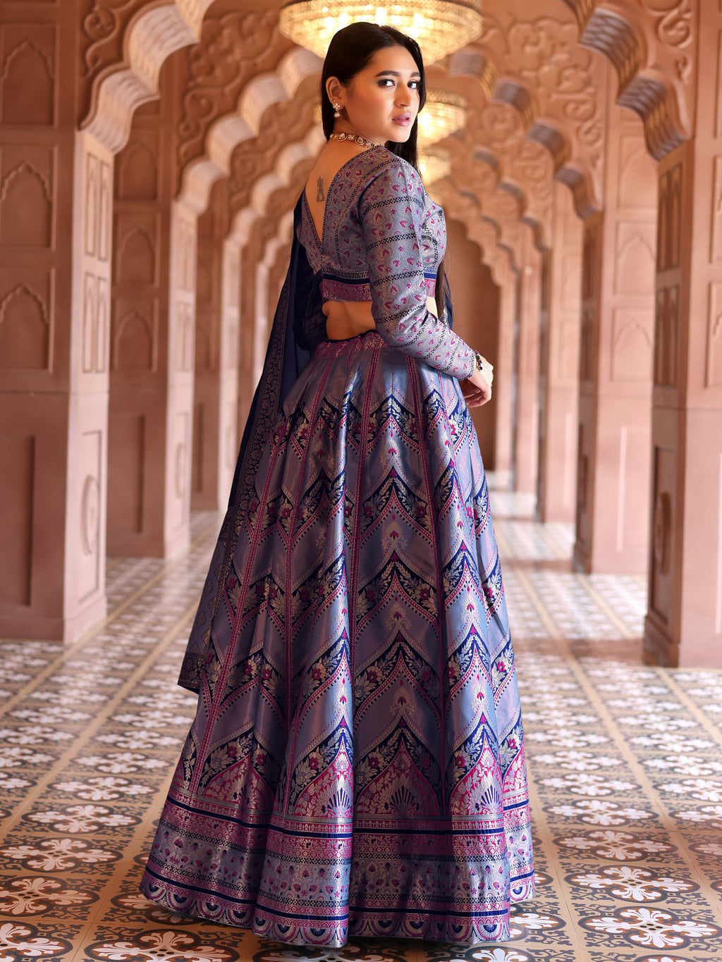 Double-Shaded Blue Lehenga Choli With Zari Woven Motifs
