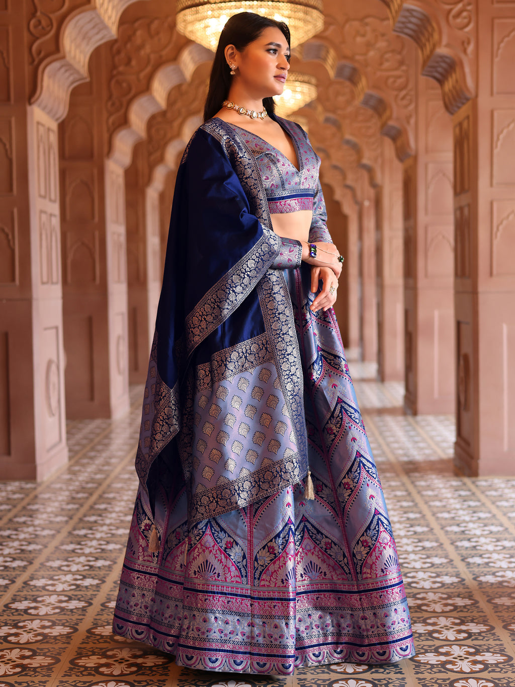 Double-Shaded Blue Lehenga Choli With Zari Woven Motifs