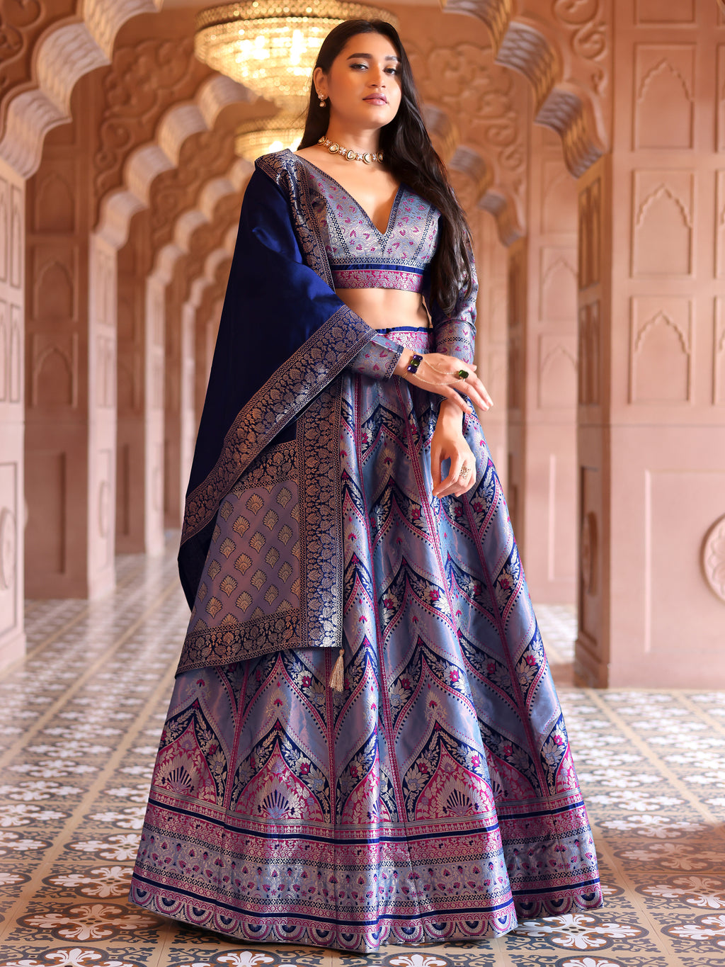 Double-Shaded Blue Lehenga Choli With Zari Woven Motifs