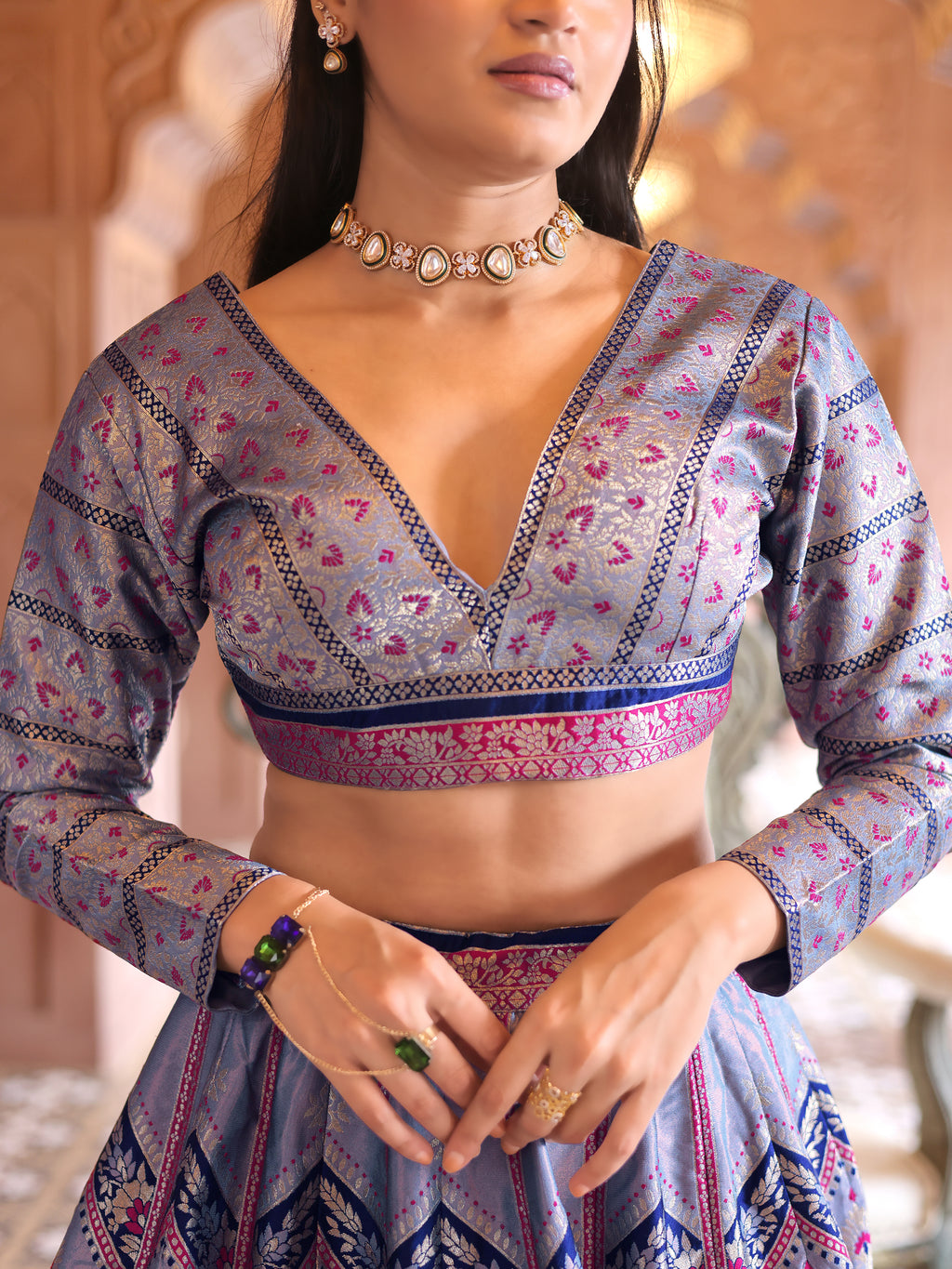 Double-Shaded Blue Lehenga Choli With Zari Woven Motifs