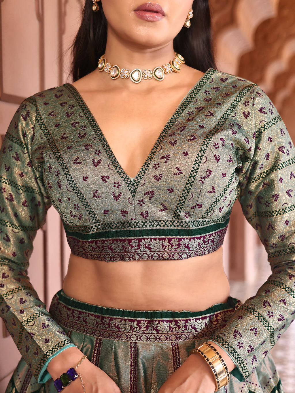 Double-Shaded Green Lehenga Choli With Zari Woven Motifs