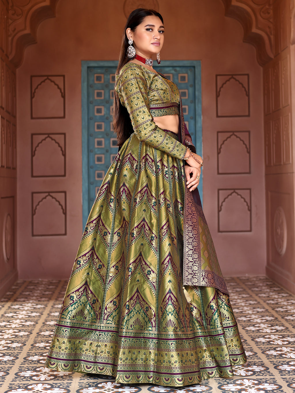 Double-Shaded Mehndi Lehenga Choli With Zari Woven Motifs