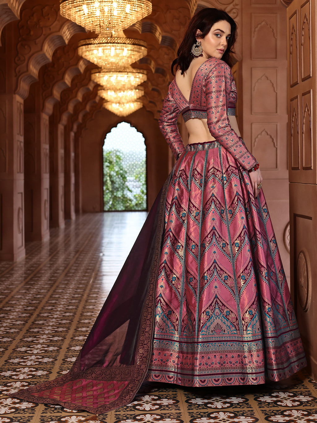Double-Shaded Pink Lehenga Choli With Zari Woven Motifs