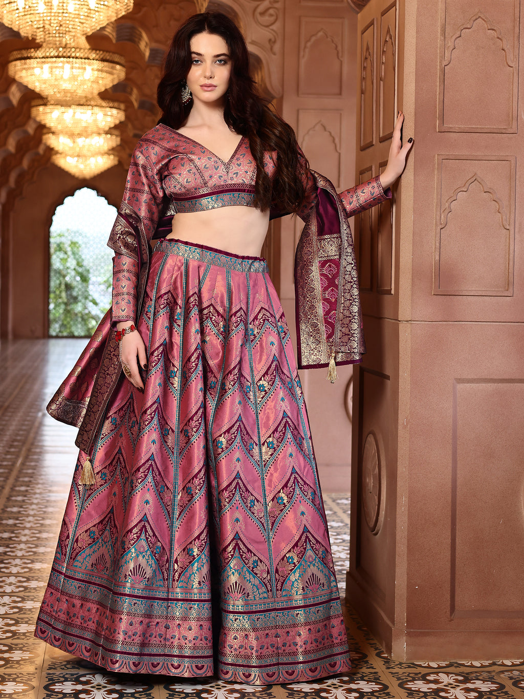 Double-Shaded Pink Lehenga Choli With Zari Woven Motifs