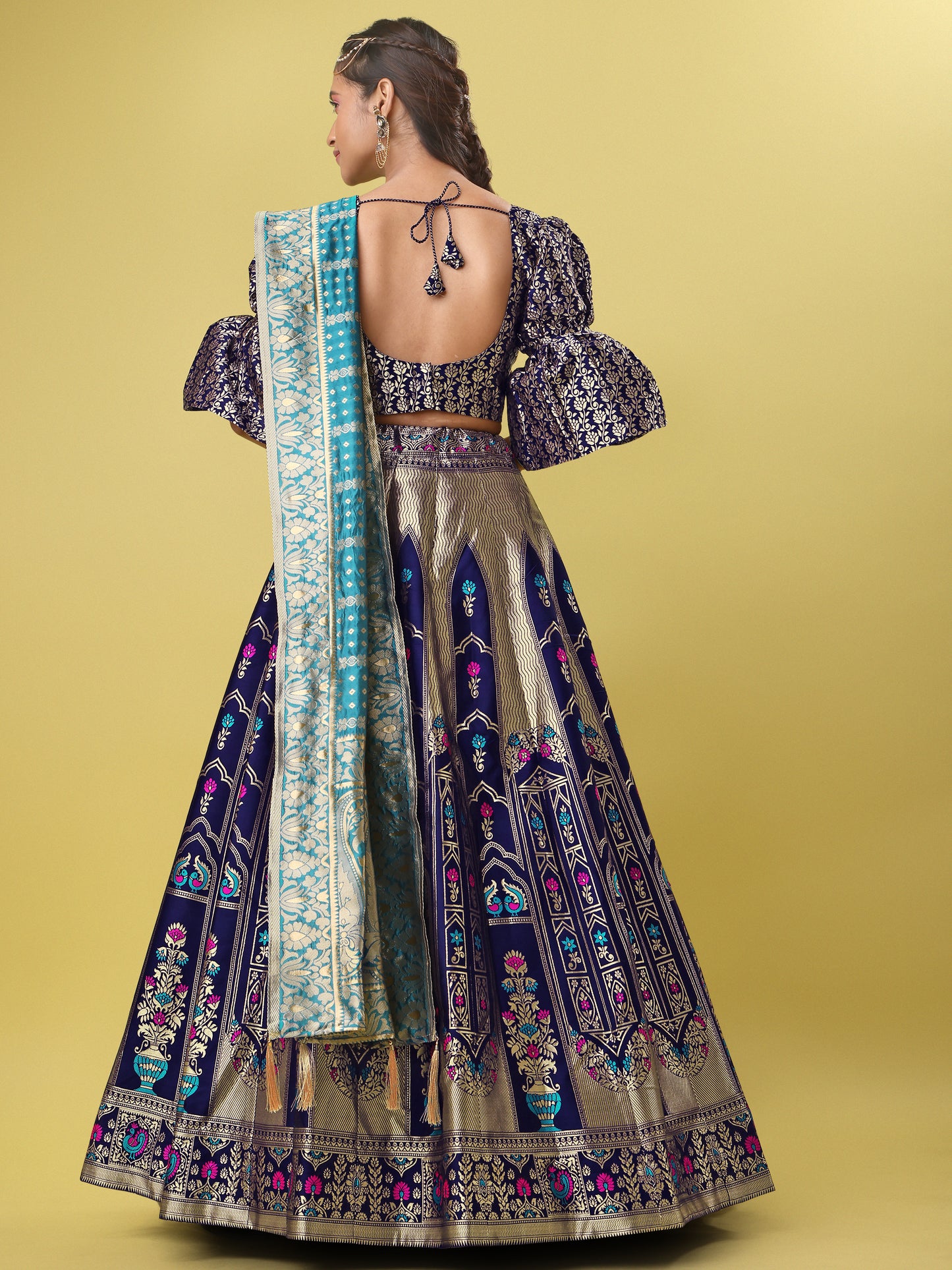 Traditional Navy Blue Jacquard Lehenga Choli