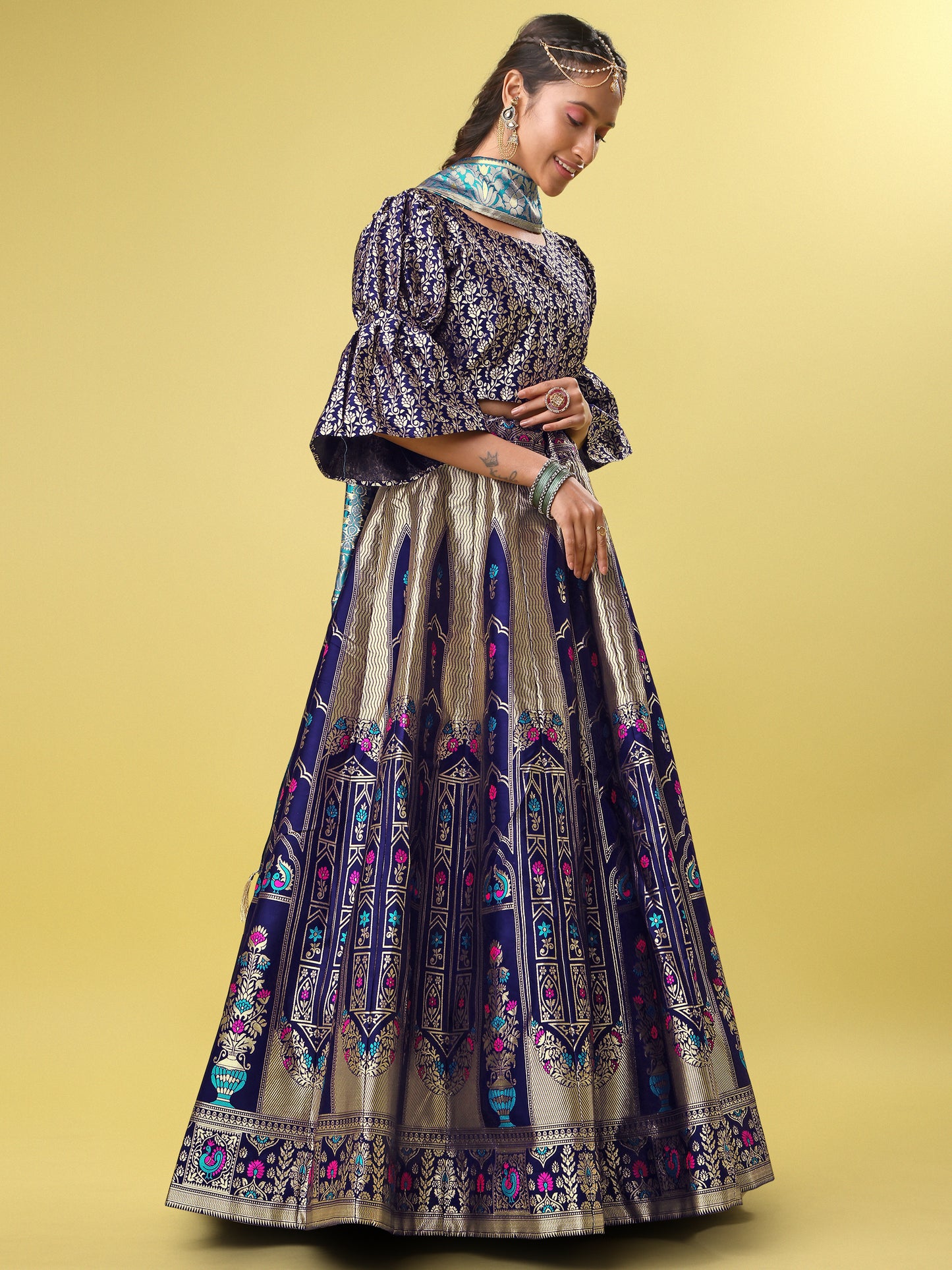 Traditional Navy Blue Jacquard Lehenga Choli