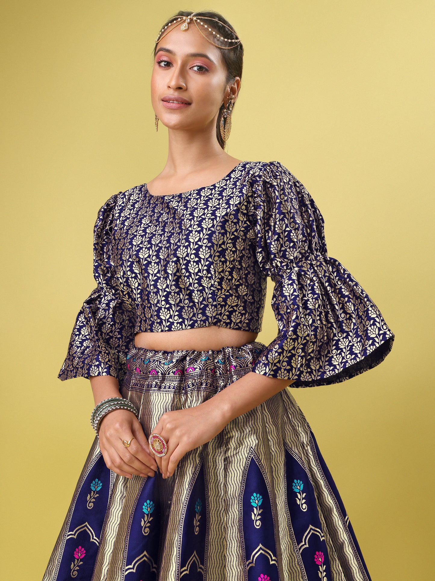 Traditional Navy Blue Jacquard Lehenga Choli