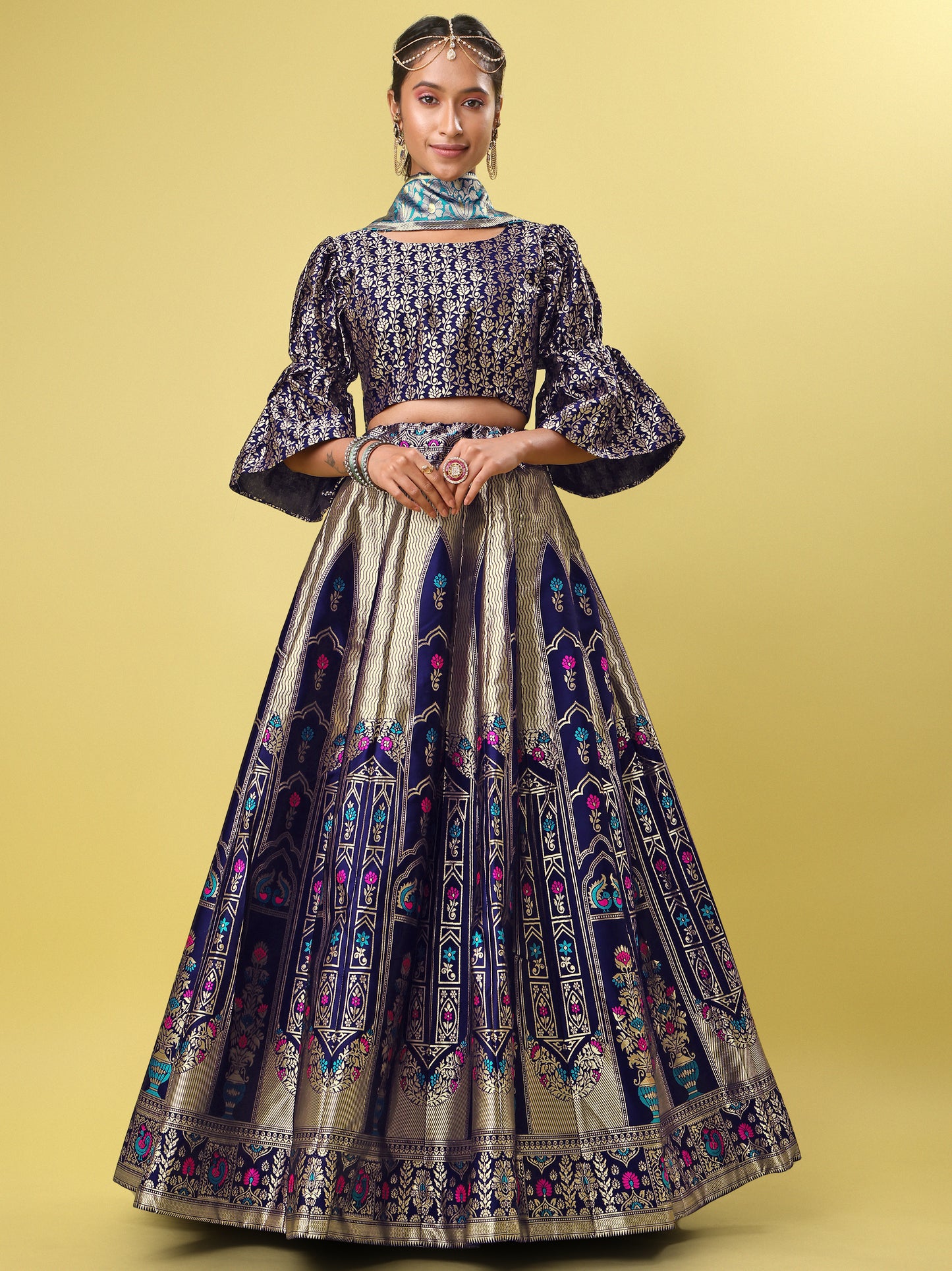 Traditional Navy Blue Jacquard Lehenga Choli