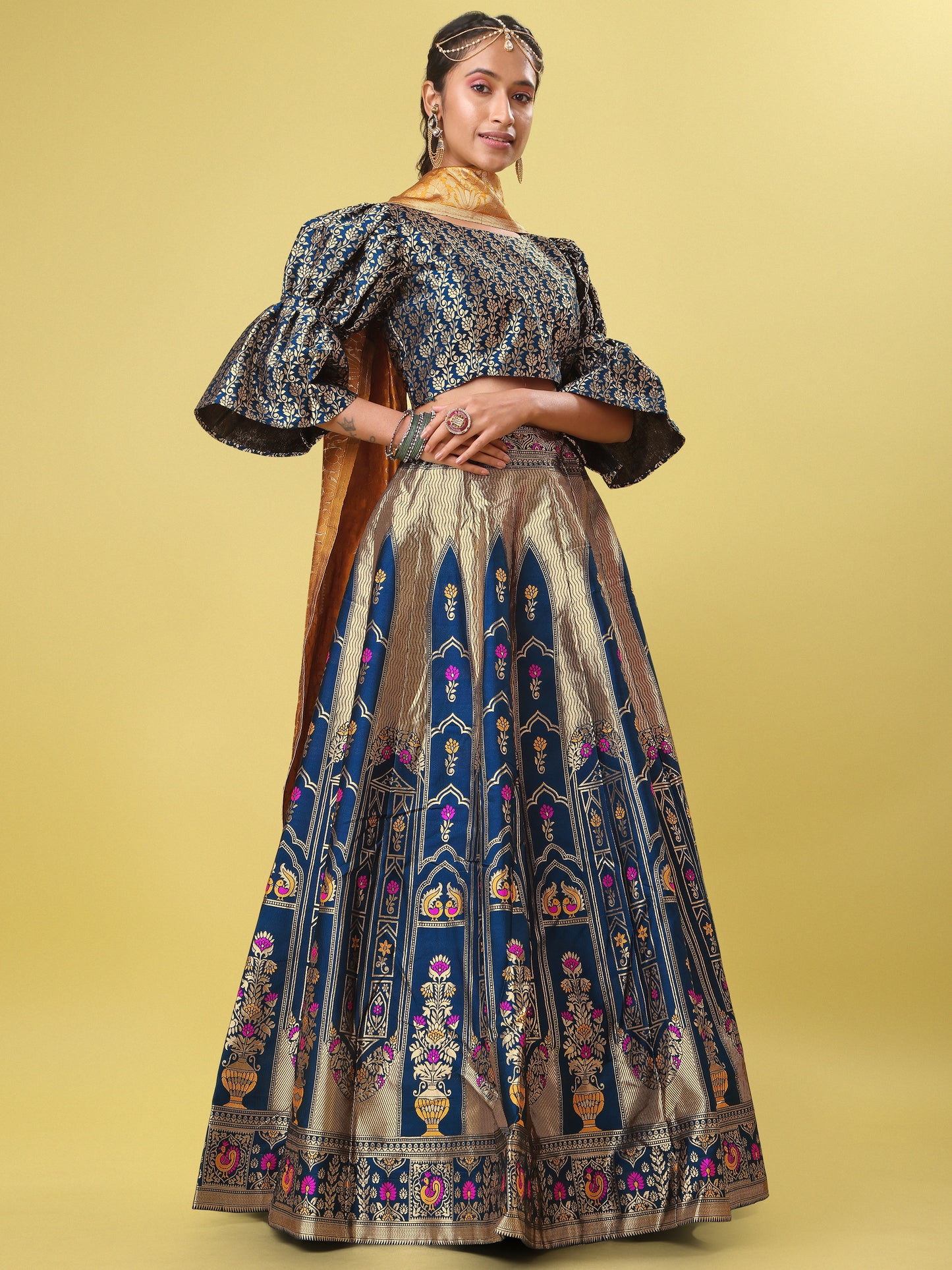 Traditional Rama Jacquard Lehenga Choli