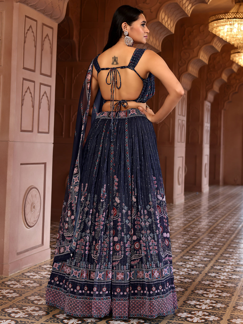 Chiffon Printed With Crochet Work Navy Blue Lehenga Choli