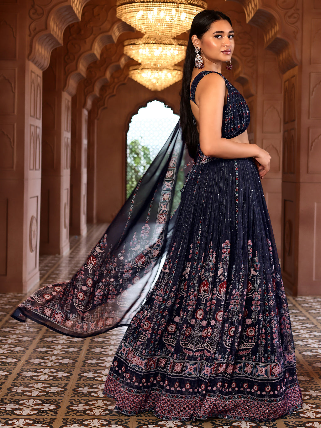 Chiffon Printed With Crochet Work Navy Blue Lehenga Choli