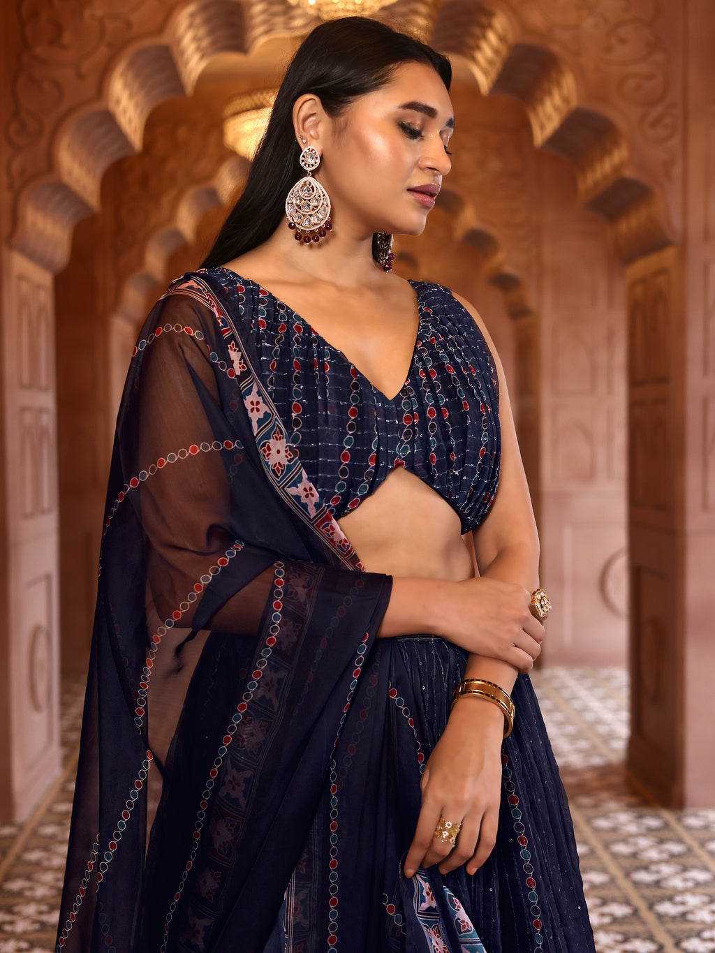 Chiffon Printed With Crochet Work Navy Blue Lehenga Choli