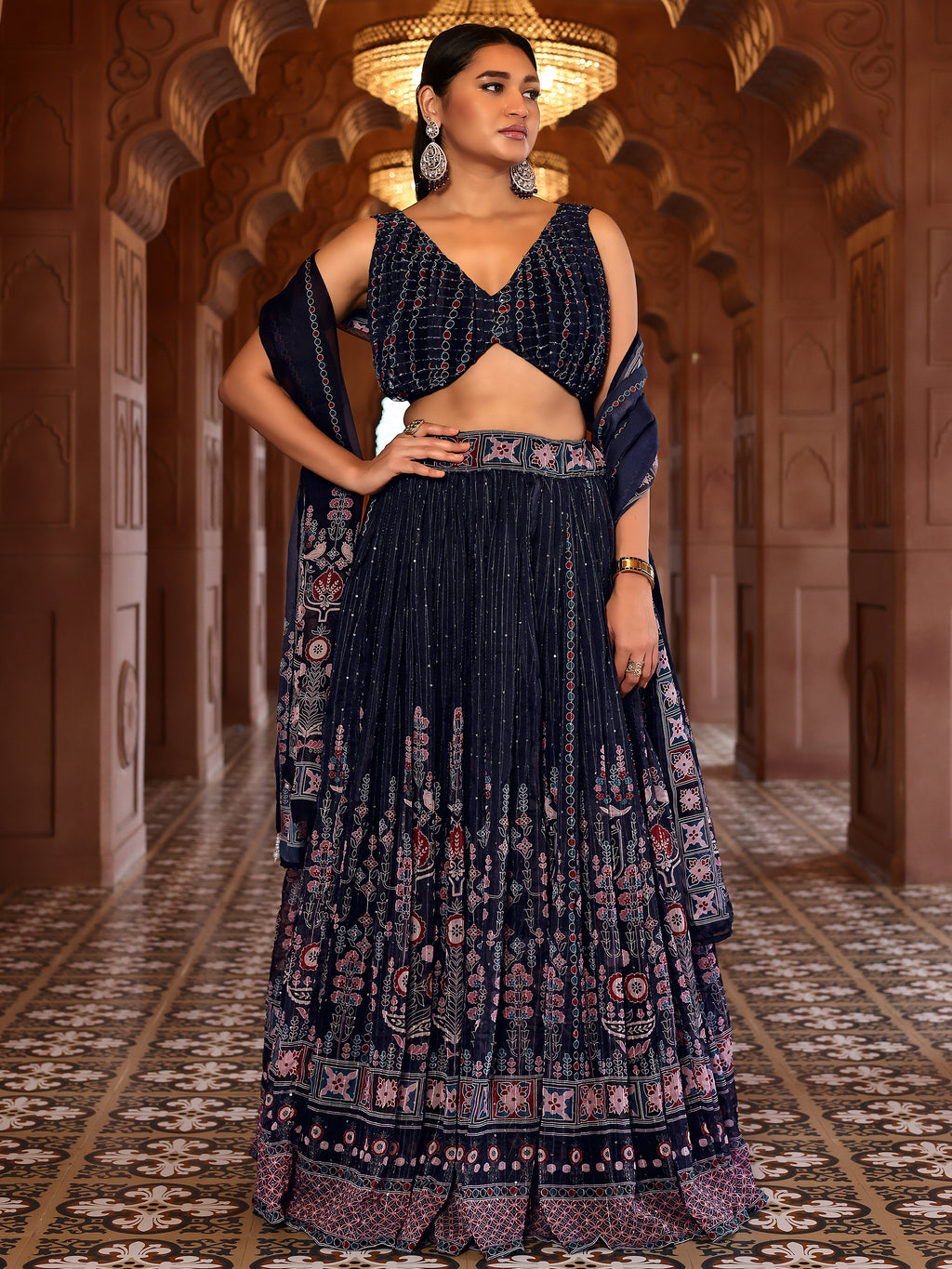 Chiffon Printed With Crochet Work Navy Blue Lehenga Choli