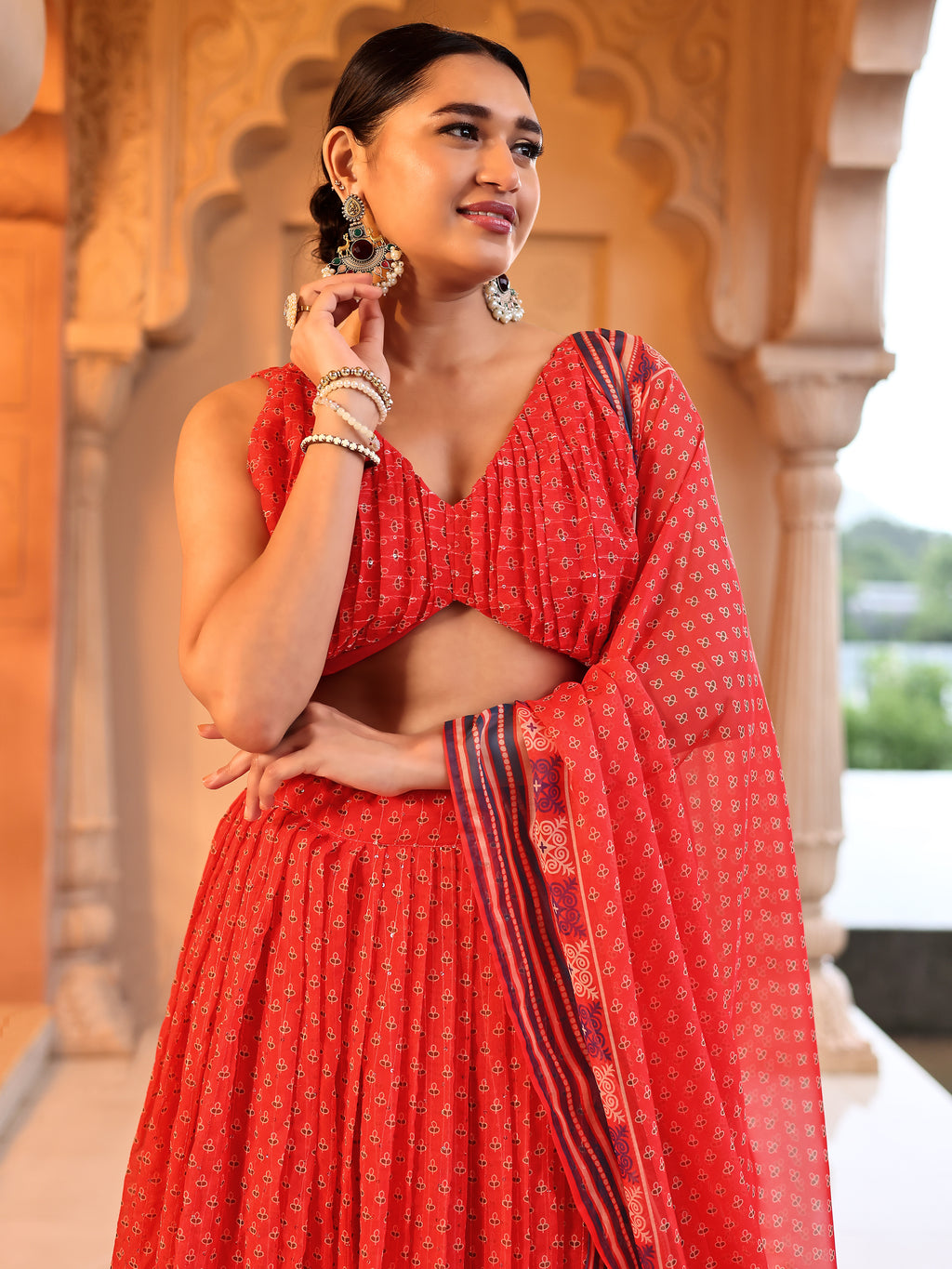 Chiffon Printed With Crochet Work Red Lehenga Choli
