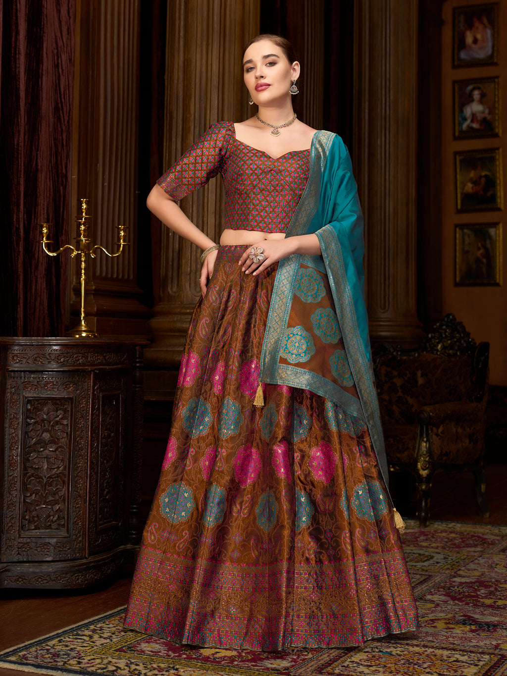 Women's Brown Kanjiwaram Lehengas