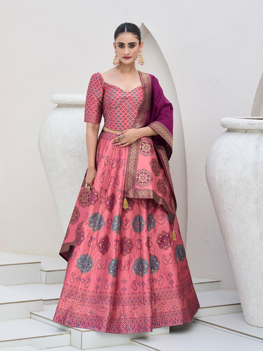 Women's Pink Kanjiwaram Lehengas