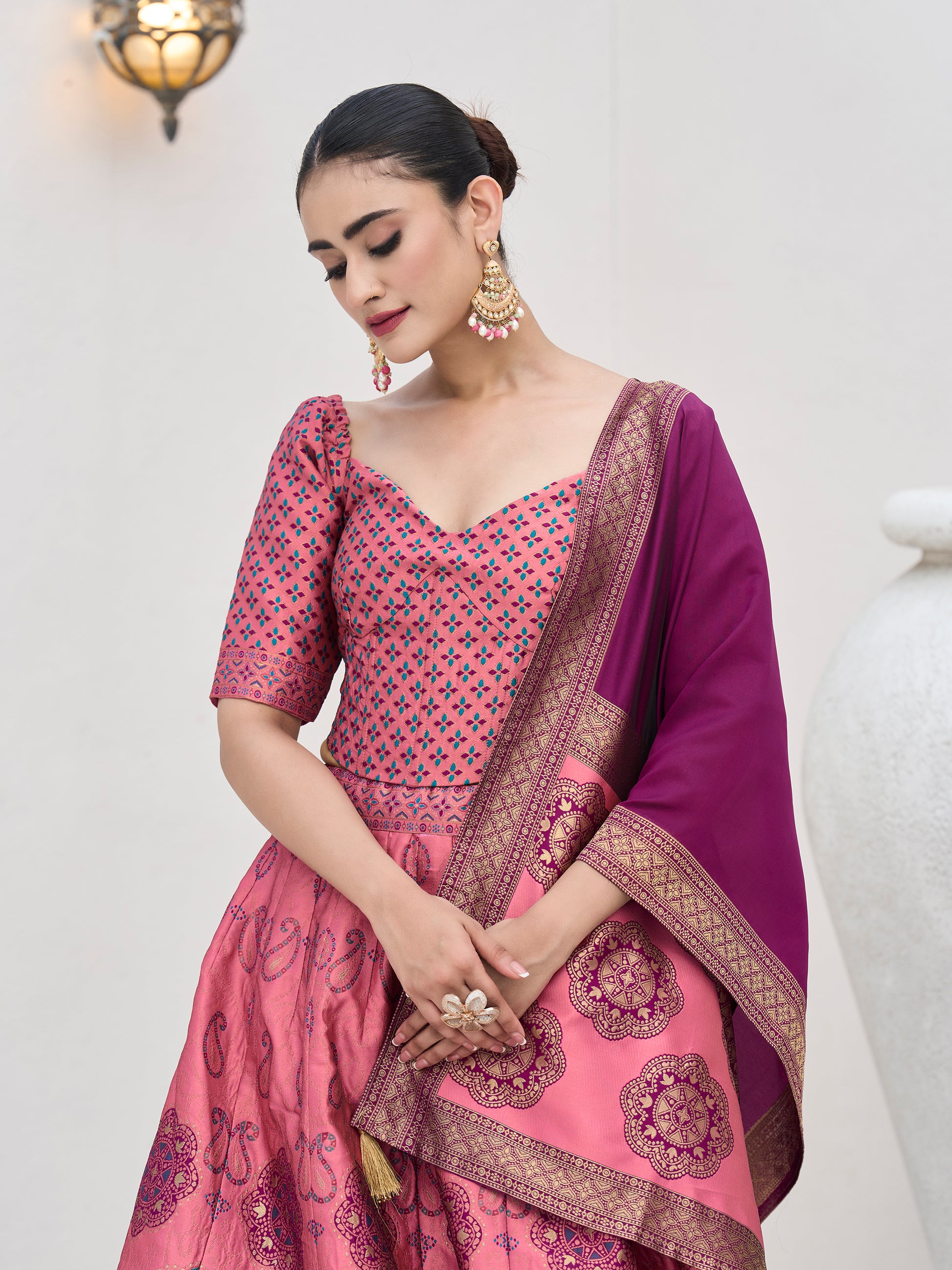 Women's Pink Kanjiwaram Lehengas