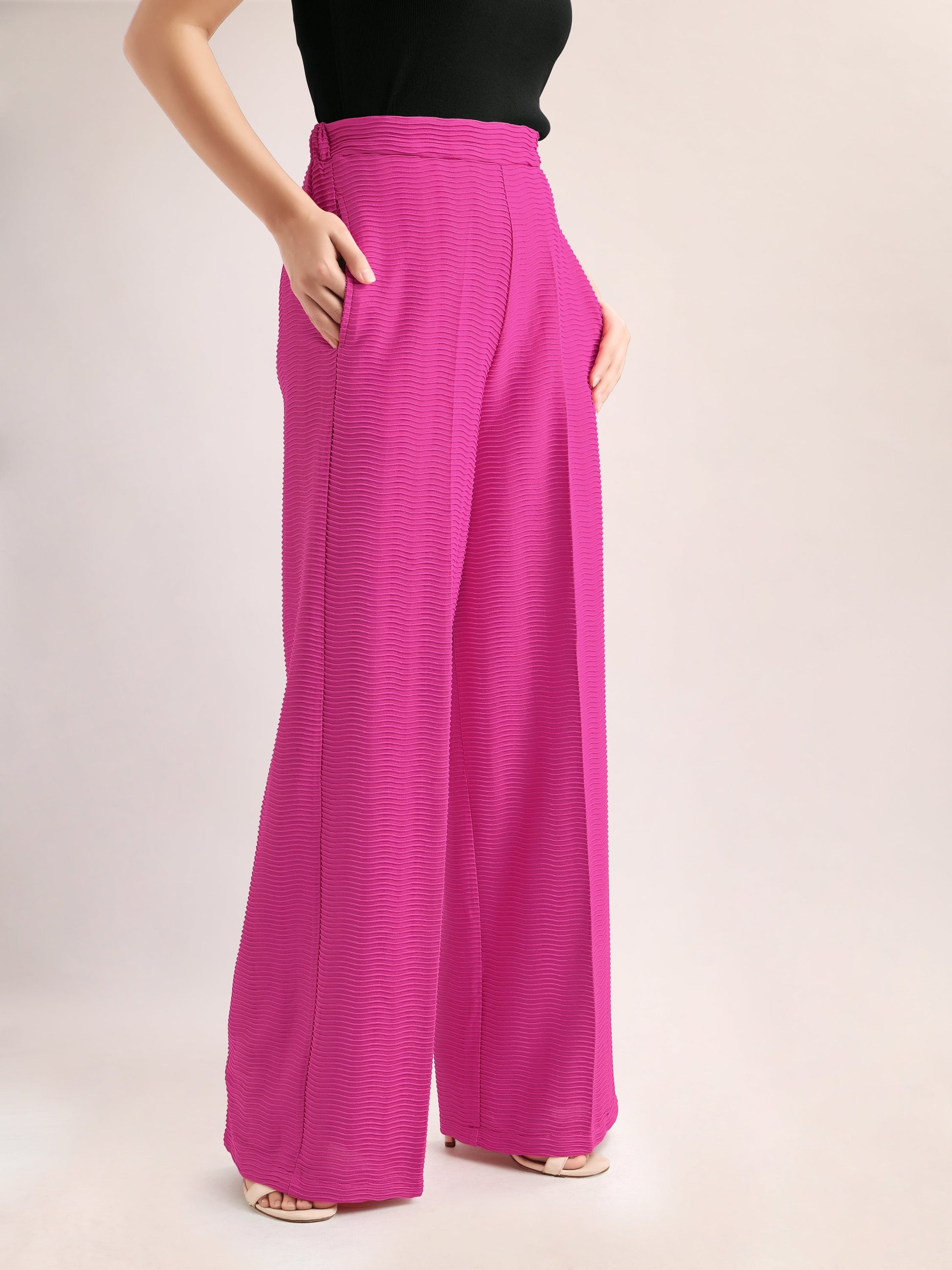 Women Relaxed Straight Leg Loose Fit Below Knee Flat Front High Rise Solid Regular Trouser