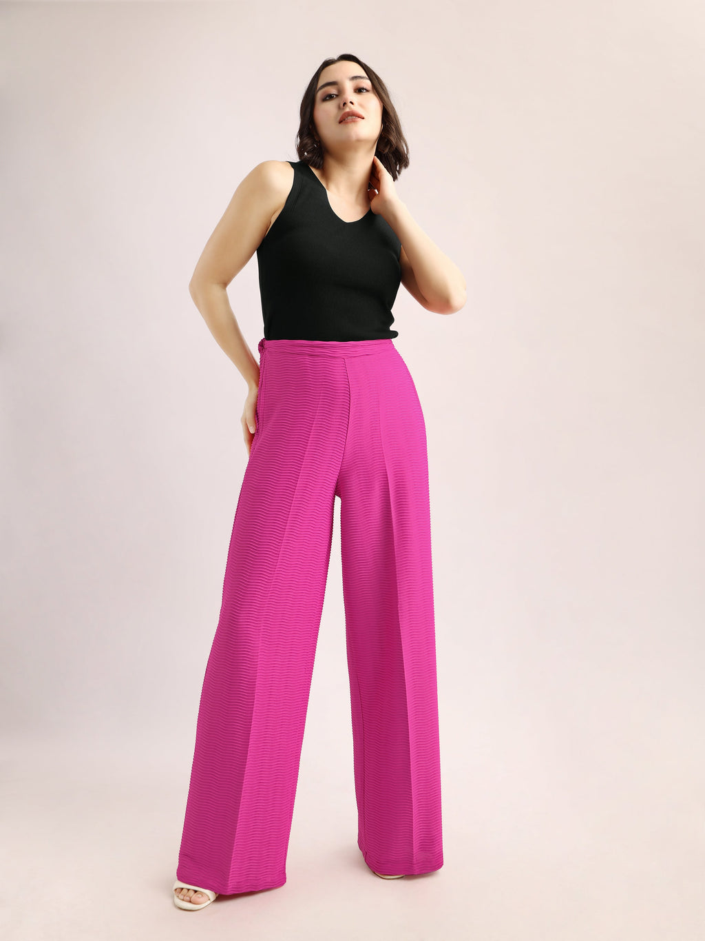 Women Relaxed Straight Leg Loose Fit Below Knee Flat Front High Rise Solid Regular Trouser