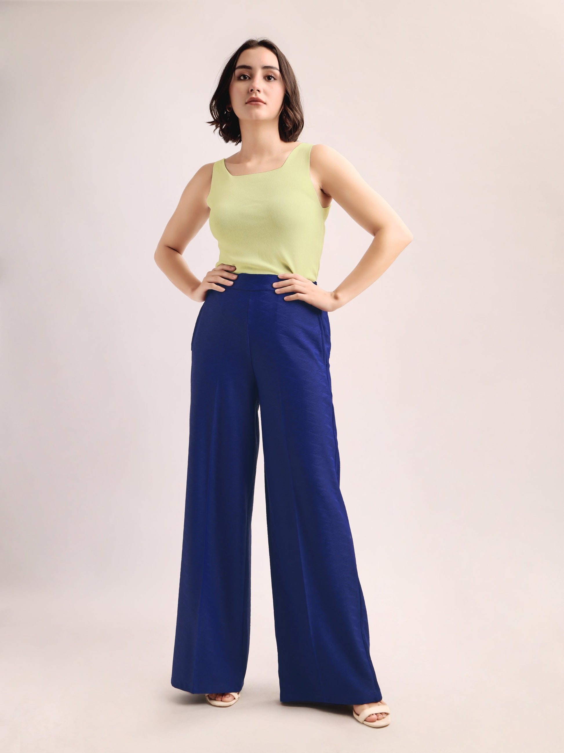 Women Relaxed Straight Leg Loose Fit Below Knee Flat Front High Rise Solid Regular Trouser