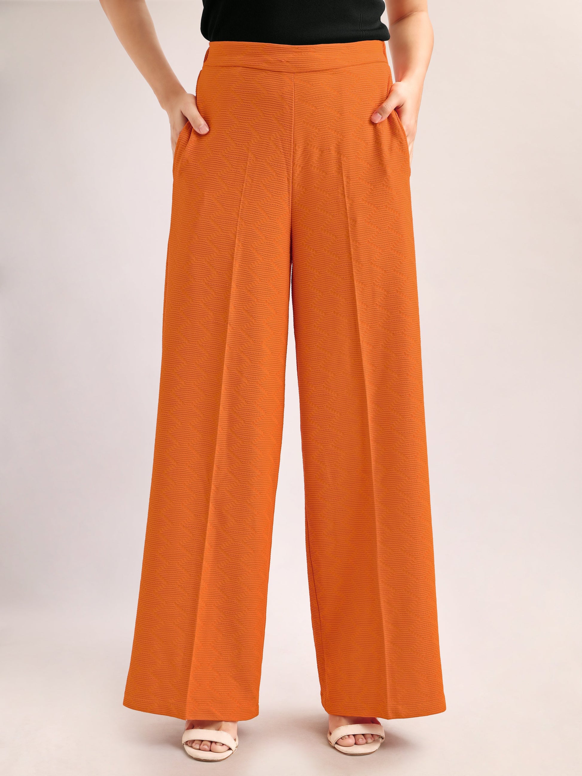 Women Relaxed Straight Leg Loose Fit Below Knee Flat Front High Rise Solid Regular Trouser
