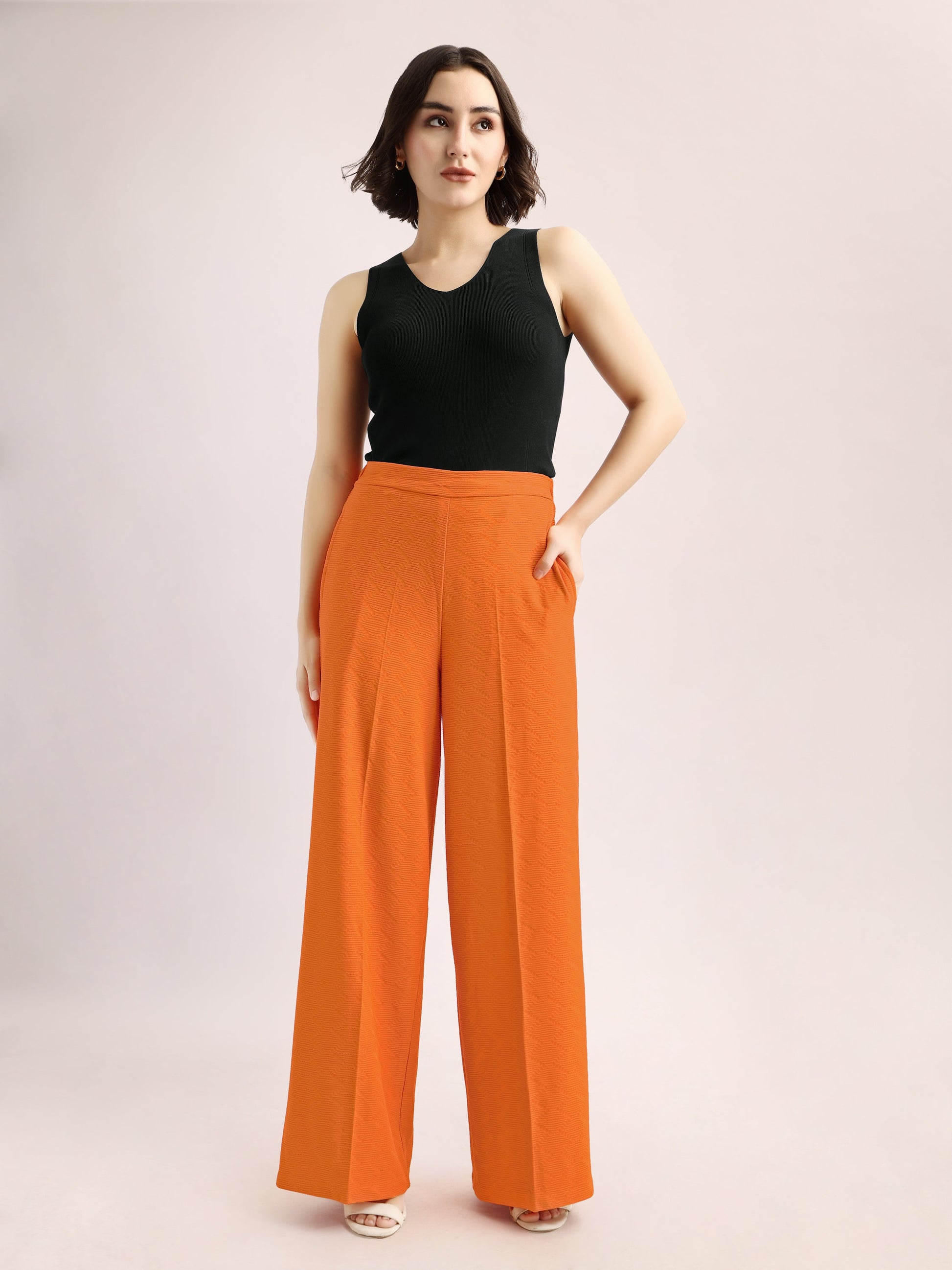Women Relaxed Straight Leg Loose Fit Below Knee Flat Front High Rise Solid Regular Trouser