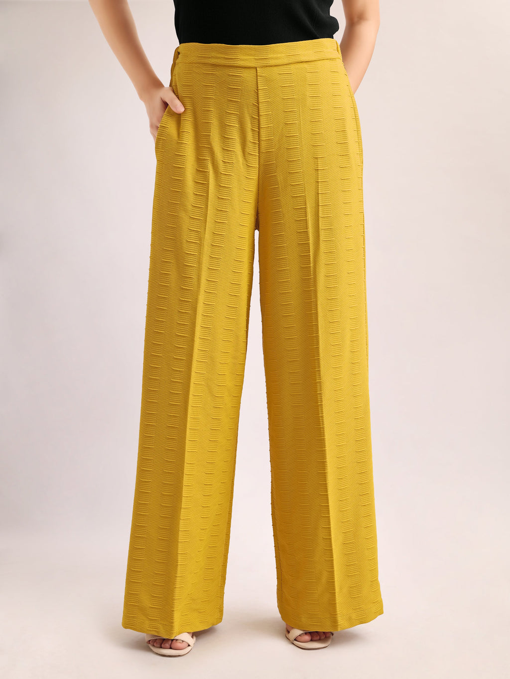 Women Relaxed Straight Leg Loose Fit Below Knee Flat Front High Rise Solid Regular Trouser