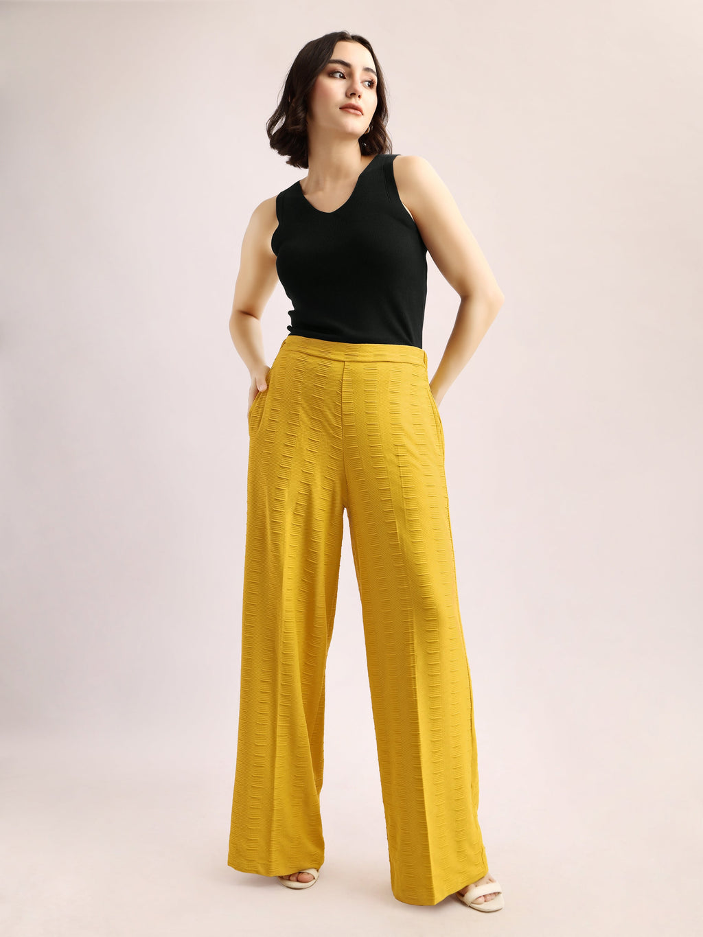 Women Relaxed Straight Leg Loose Fit Below Knee Flat Front High Rise Solid Regular Trouser