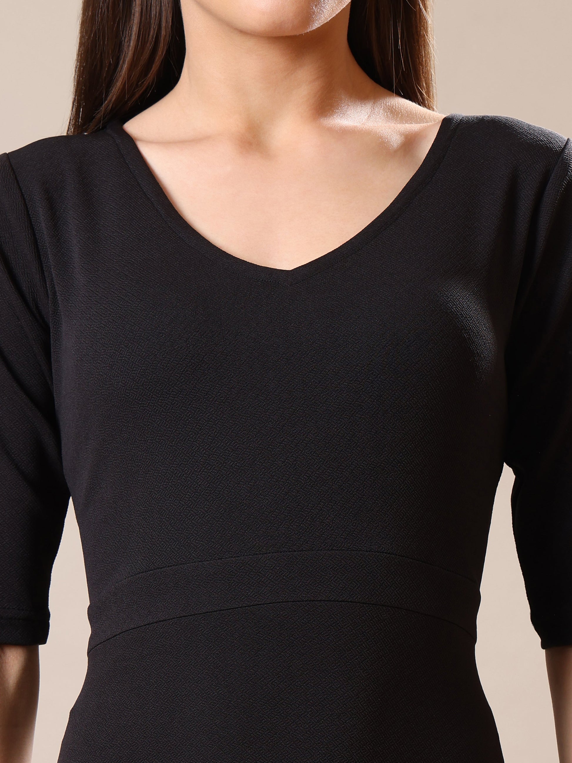 Knee Length Elbow Sleeve Solid Dress