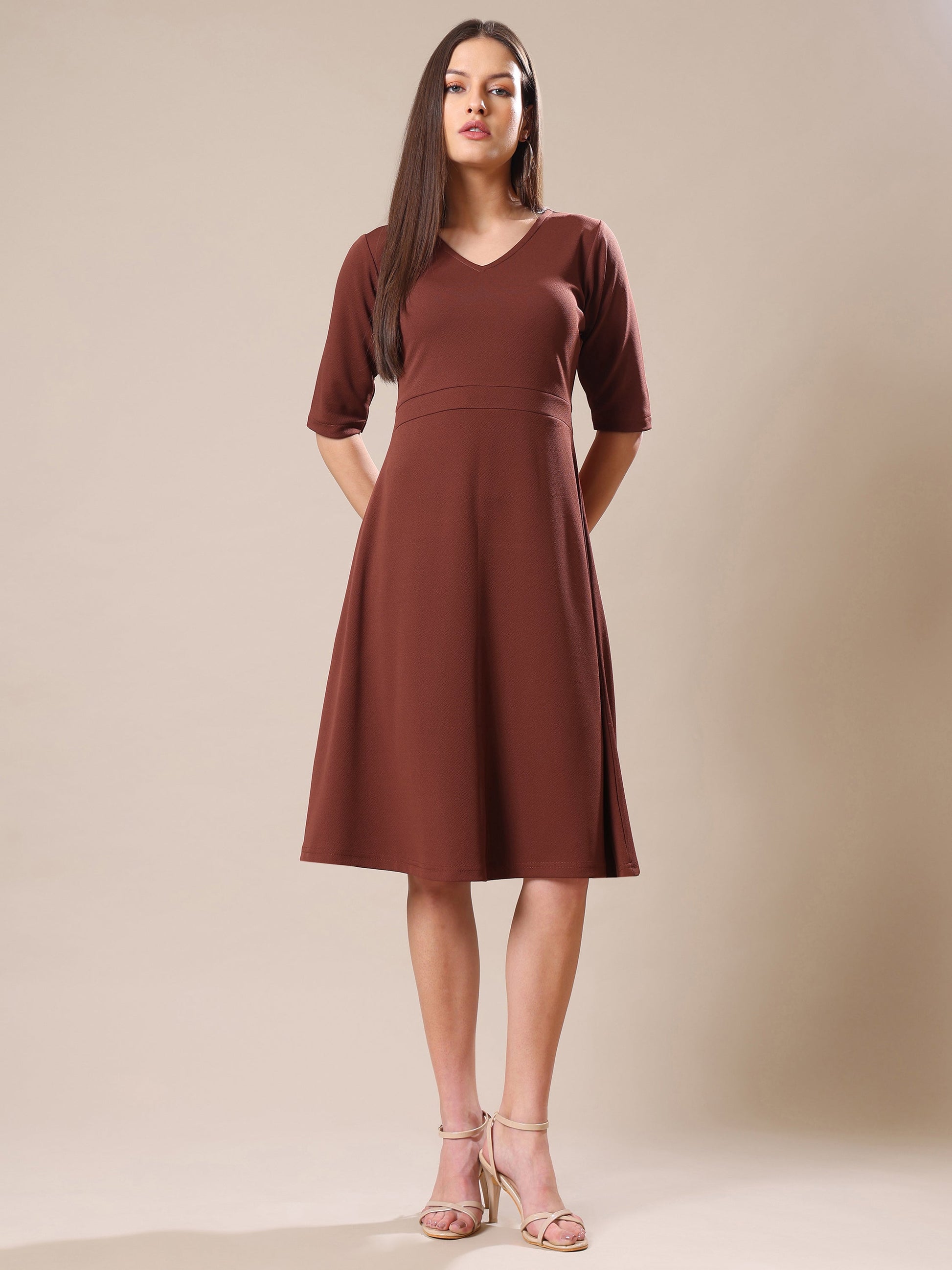Knee Length Elbow Sleeve Solid Dress
