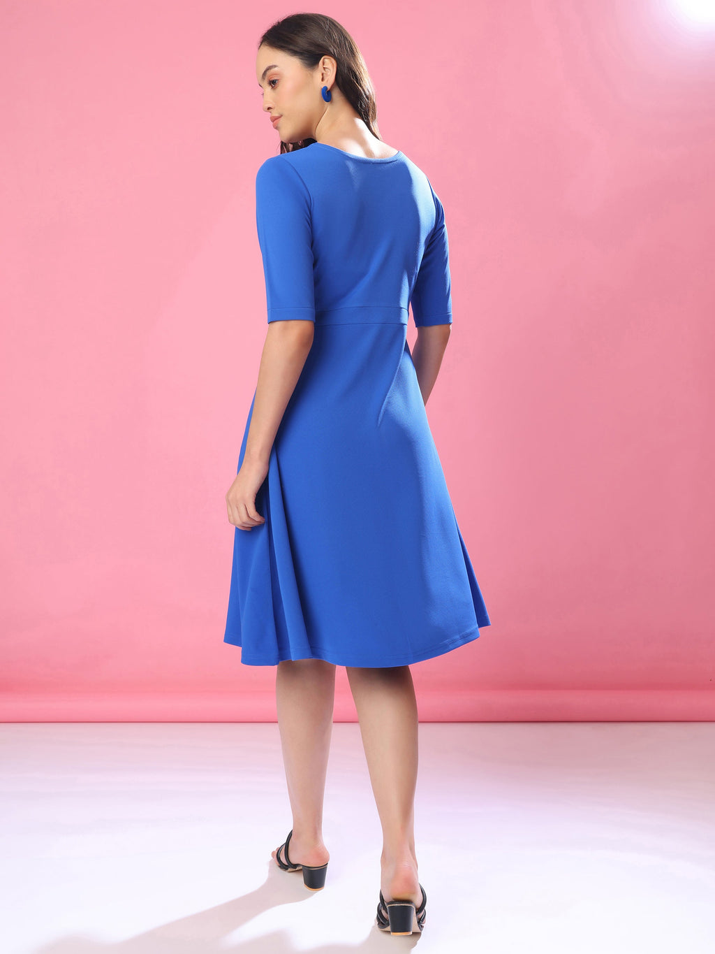 Knee Length Elbow Sleeve Solid Dress