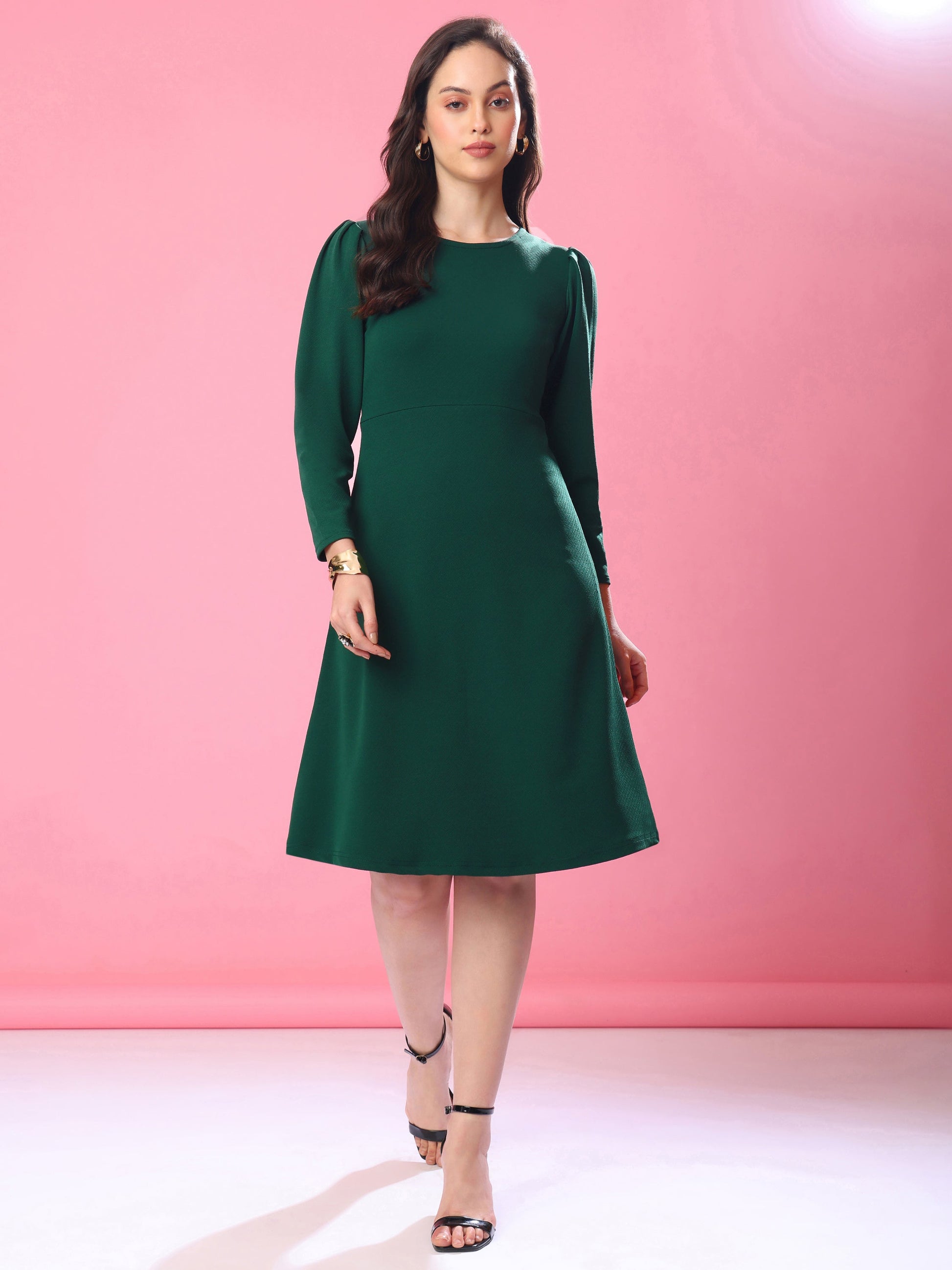 Knee Length Full Sleeve Solid Dress