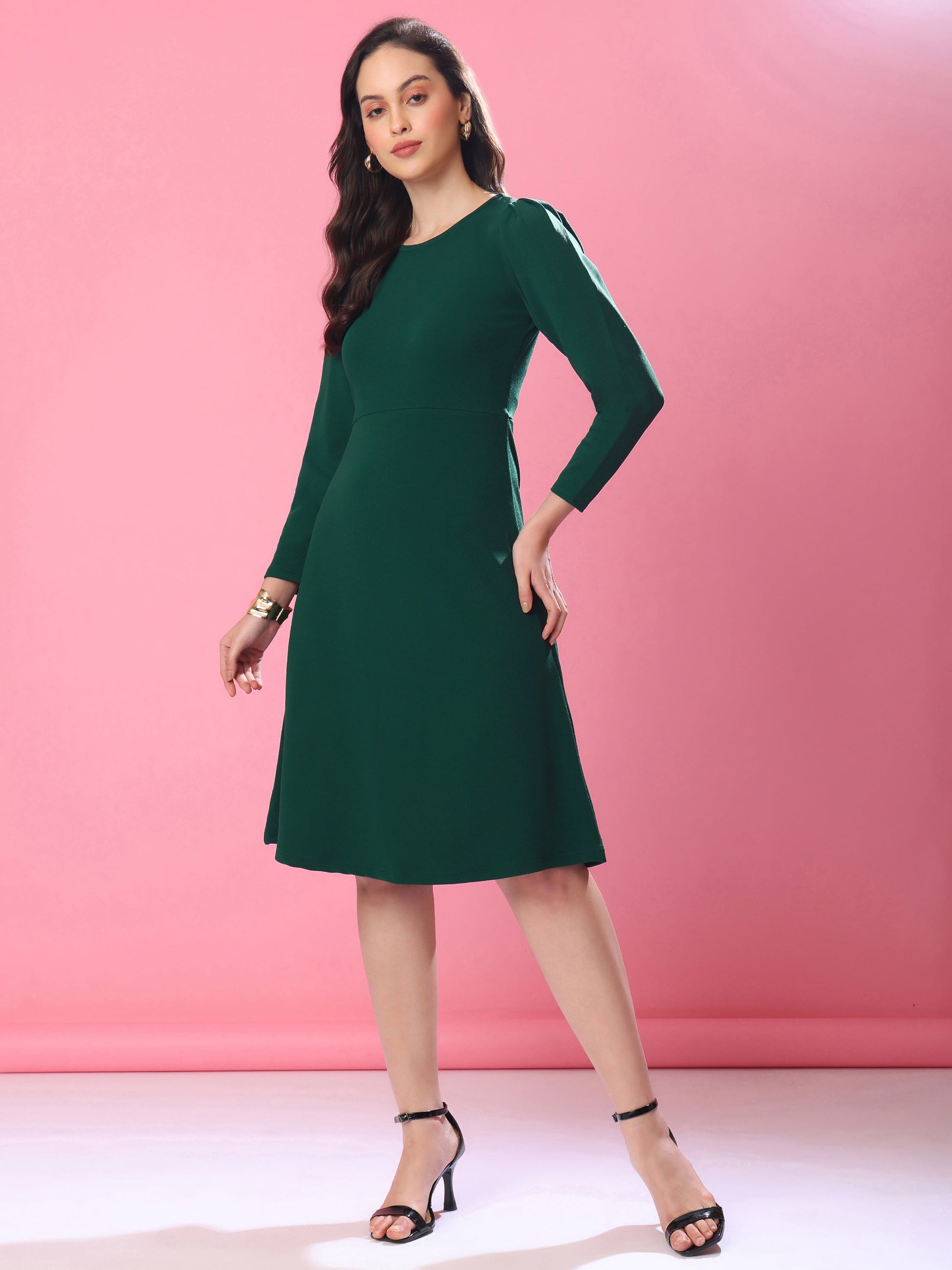 Knee Length Full Sleeve Solid Dress