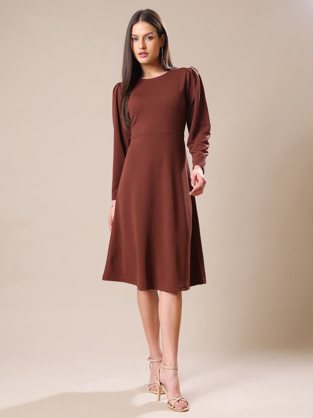 Knee Length Full Sleeve Solid Dress
