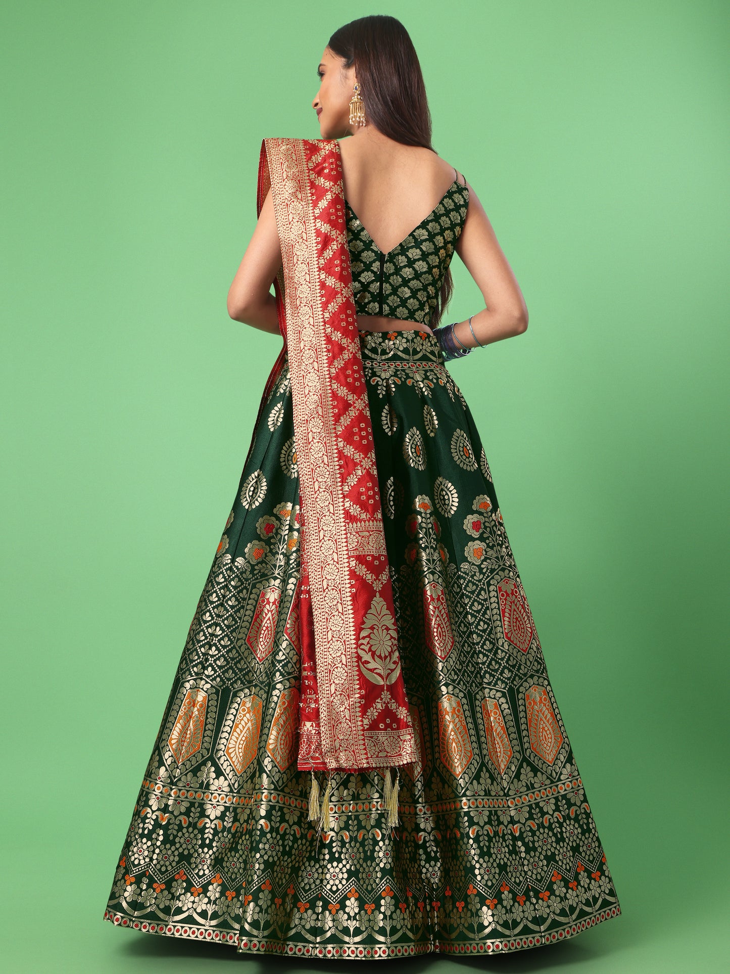 Woven Design Dark Green Semi-Stitched Lehenga Choli