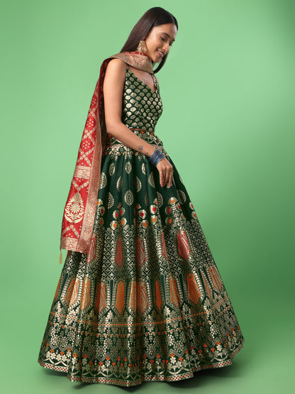 Woven Design Dark Green Semi-Stitched Lehenga Choli