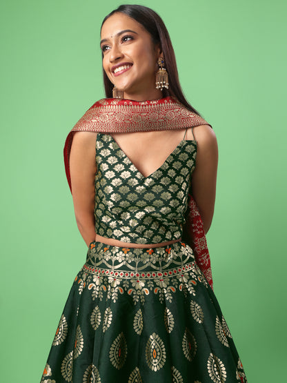 Woven Design Dark Green Semi-Stitched Lehenga Choli