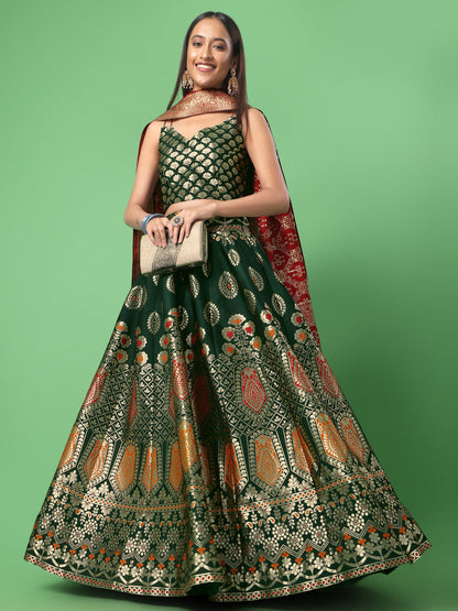 Woven Design Dark Green Semi-Stitched Lehenga Choli