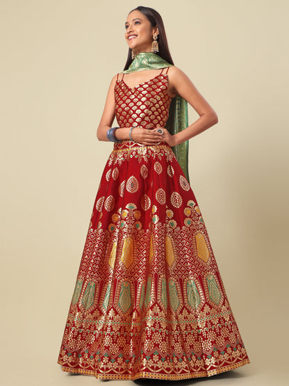 Woven Design Maroon Semi-Stitched Lehenga Choli