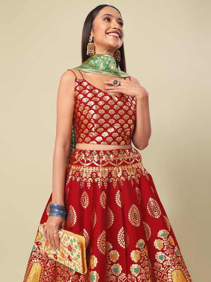 Woven Design Maroon Semi-Stitched Lehenga Choli